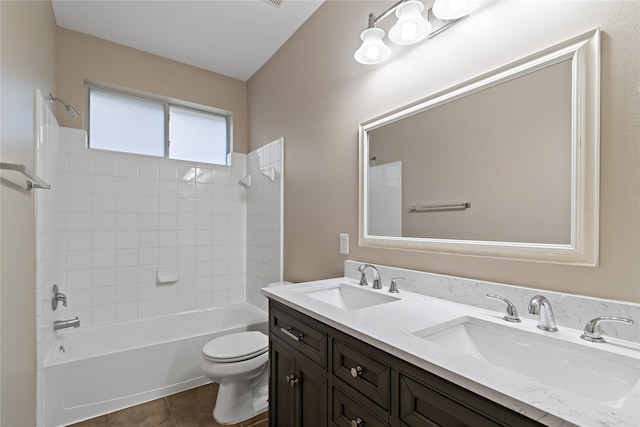 full bathroom with tile patterned flooring, vanity, toilet, and bathing tub / shower combination