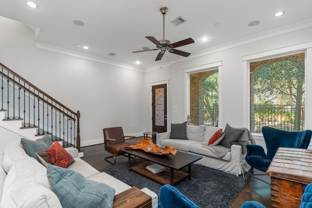 living room featuring dark hardwood / wood-style floors, ceiling fan, and ornamental molding