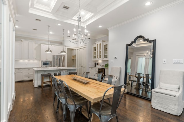 dining area with crown molding, coffered ceiling, dark hardwood / wood-style floors, and a notable chandelier