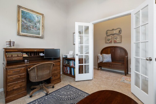 tiled office space with french doors