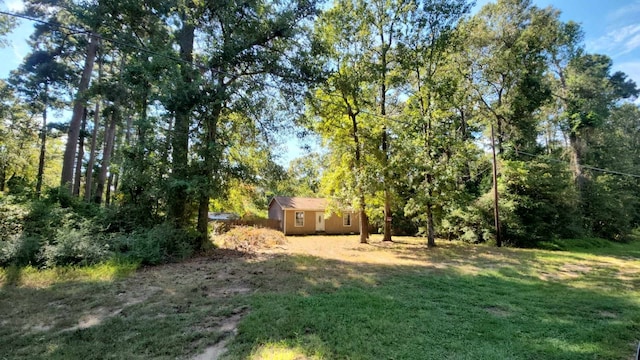 view of yard featuring a storage unit