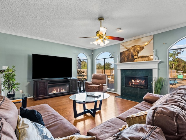 living room with light wood-type flooring, a wealth of natural light, and a tiled fireplace