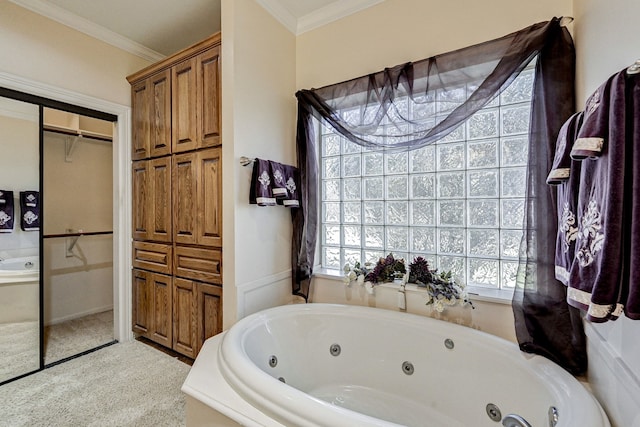 bathroom featuring crown molding, a bath, and a wealth of natural light