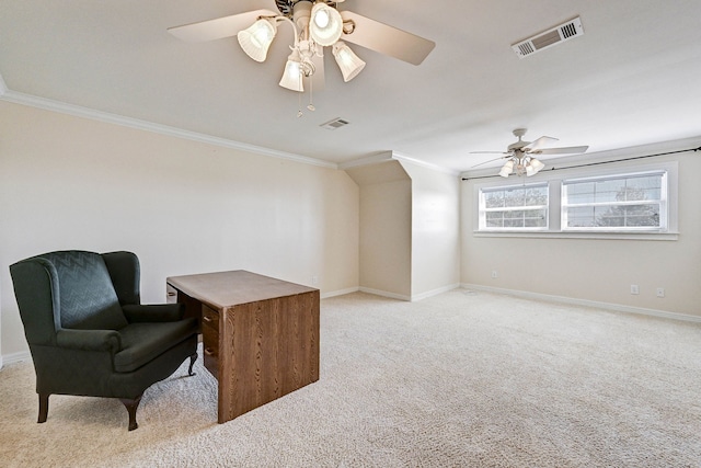 carpeted office space with ceiling fan and crown molding