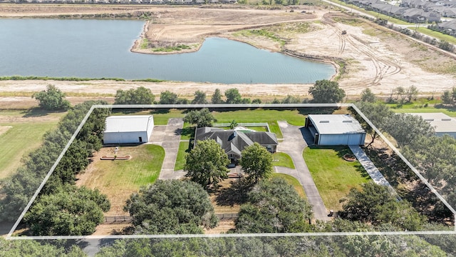 drone / aerial view featuring a water view