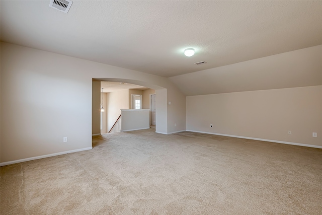 additional living space featuring light carpet, a textured ceiling, and vaulted ceiling