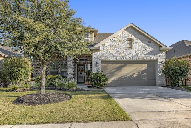 view of front facade featuring brick siding, a front yard, a garage, stone siding, and driveway