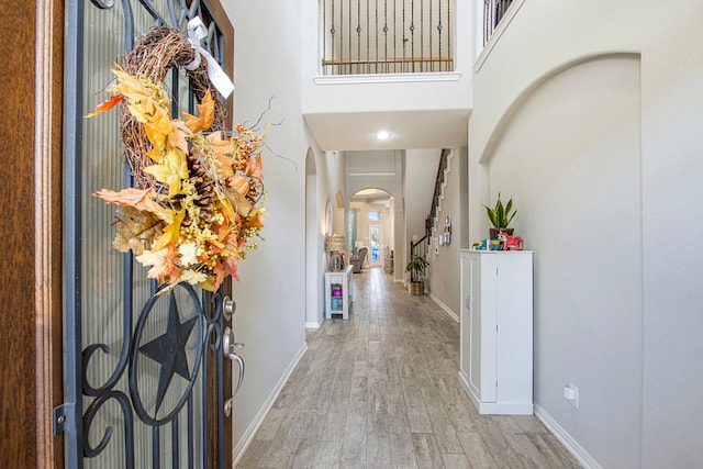 foyer entrance featuring a towering ceiling and light hardwood / wood-style flooring