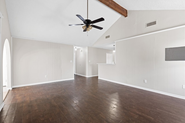 unfurnished living room featuring dark hardwood / wood-style floors, high vaulted ceiling, beam ceiling, and ceiling fan