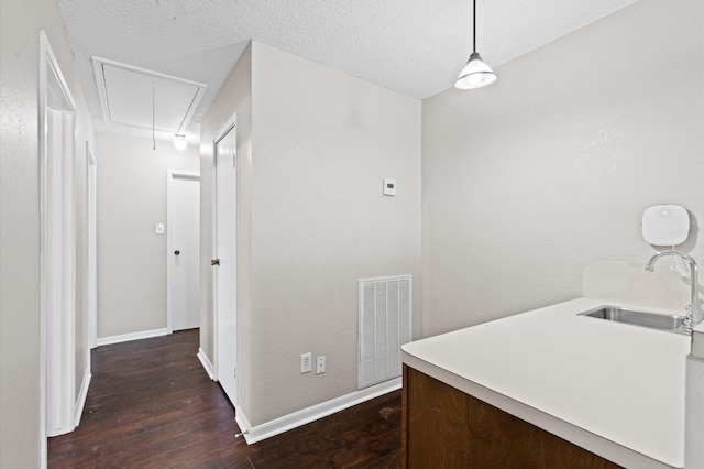 interior space with a textured ceiling, dark wood-type flooring, and sink