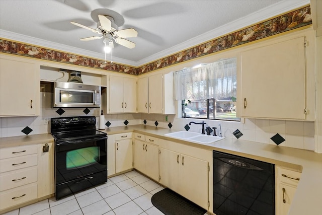 kitchen featuring ceiling fan, sink, crown molding, light tile patterned flooring, and black appliances