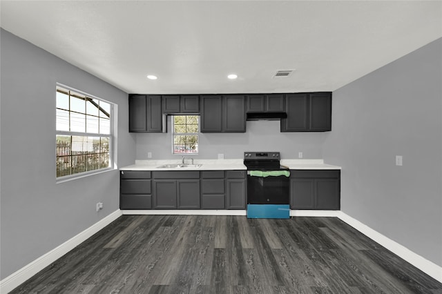 kitchen with electric range, dark hardwood / wood-style floors, and sink