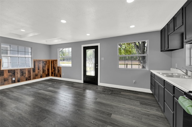 interior space with stainless steel range oven, sink, wooden walls, and dark wood-type flooring