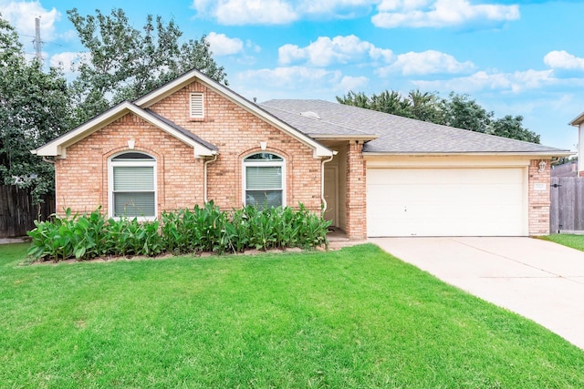 ranch-style home with a front yard and a garage