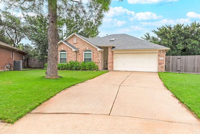 ranch-style home featuring central AC, a front lawn, and a garage