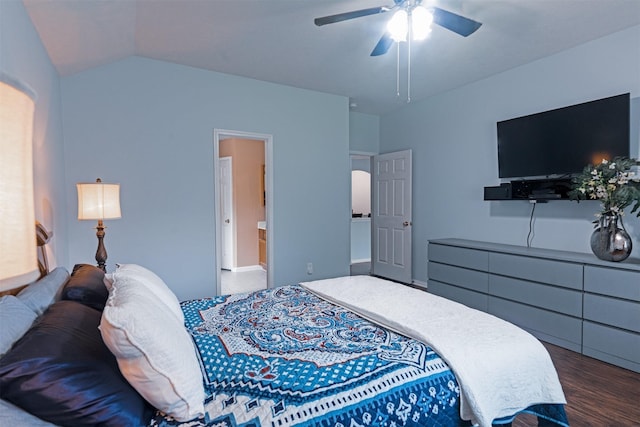 bedroom with connected bathroom, ceiling fan, hardwood / wood-style floors, and vaulted ceiling