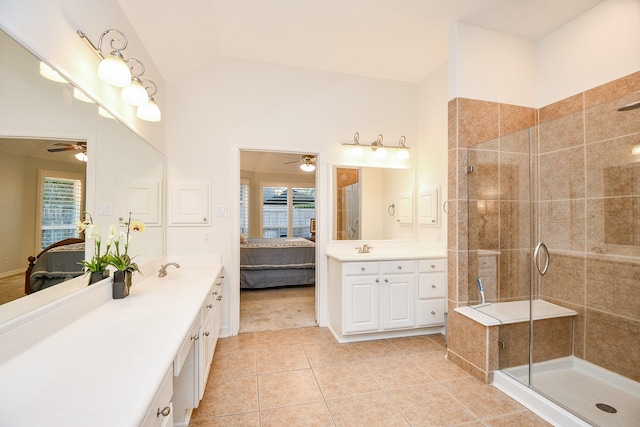 bathroom with a shower stall, a ceiling fan, and connected bathroom