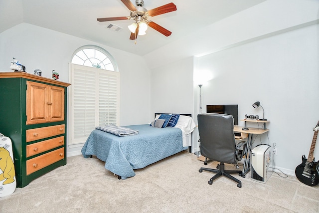 carpeted bedroom featuring baseboards, visible vents, ceiling fan, and vaulted ceiling