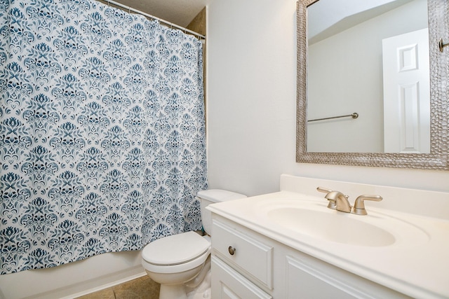 full bathroom with toilet, curtained shower, vanity, and tile patterned flooring