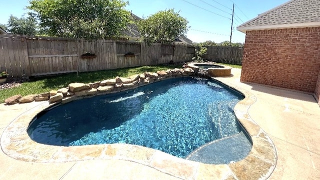 view of pool featuring a patio, a fenced backyard, a fenced in pool, and an in ground hot tub