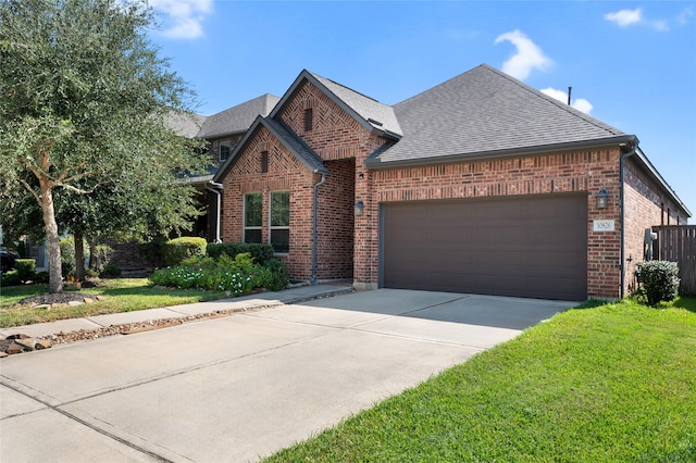 view of front of home featuring a front yard and a garage