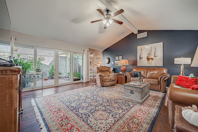 living room featuring plenty of natural light, ceiling fan, dark hardwood / wood-style flooring, and lofted ceiling with beams