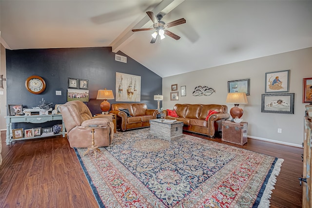 living room with hardwood / wood-style floors, vaulted ceiling with beams, and ceiling fan