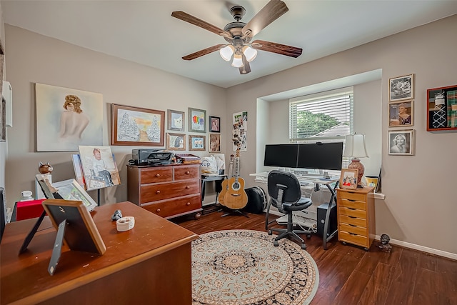 office area with dark hardwood / wood-style flooring and ceiling fan