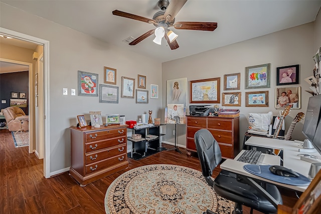 office featuring ceiling fan and dark wood-type flooring