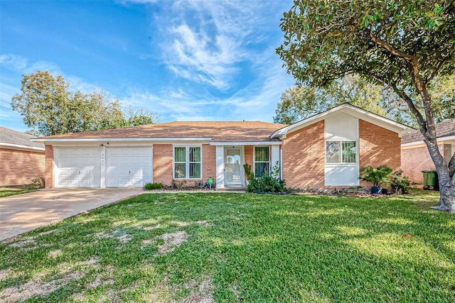 single story home featuring a front yard and a garage