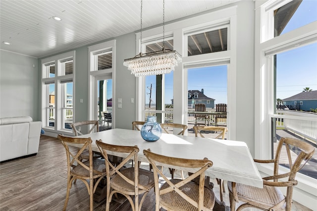 dining room with a chandelier, wood ceiling, hardwood / wood-style flooring, and a healthy amount of sunlight