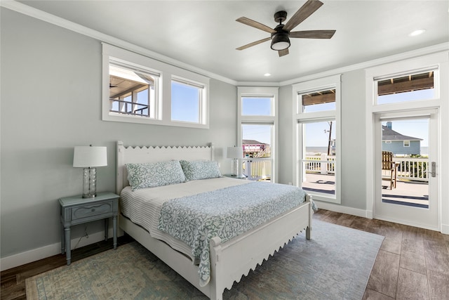 bedroom featuring crown molding, dark hardwood / wood-style floors, access to exterior, and ceiling fan