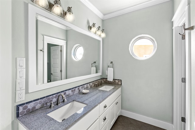 bathroom with vanity and crown molding