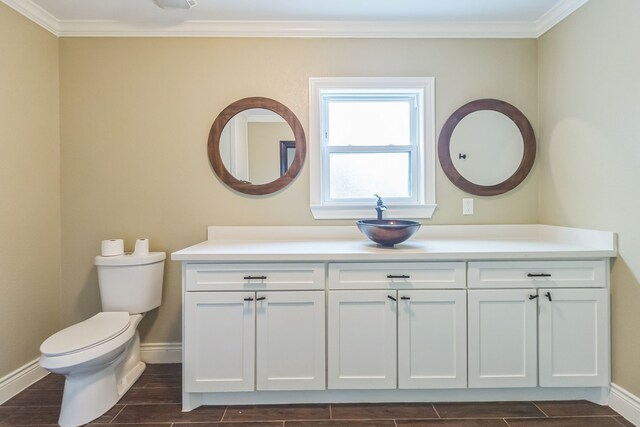 24578 Derry St, Hempstead, TX 77445 - bathroom featuring baseboards, toilet, vanity, ornamental molding, and wood tiled floors