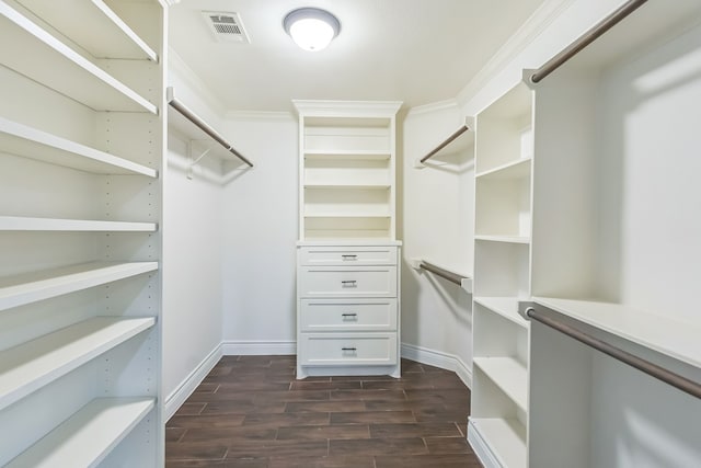 walk in closet with dark hardwood / wood-style flooring