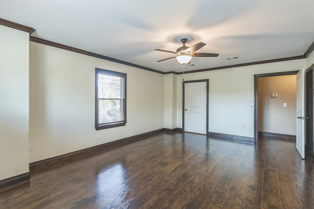 unfurnished room with crown molding, ceiling fan, and dark hardwood / wood-style flooring