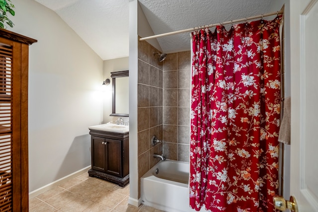 bathroom with shower / bathtub combination with curtain, tile patterned floors, a textured ceiling, lofted ceiling, and vanity