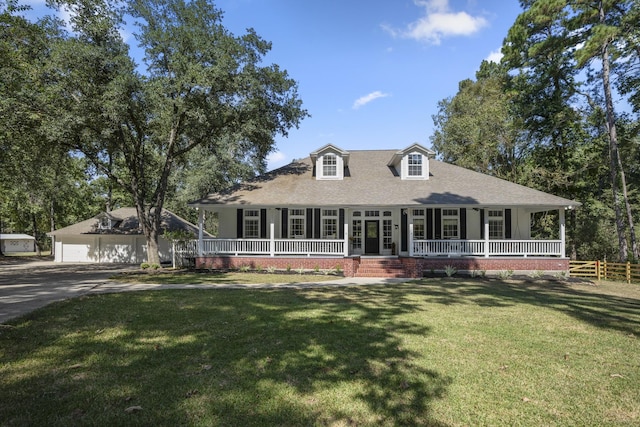 view of front of property with covered porch, a garage, an outdoor structure, and a front yard