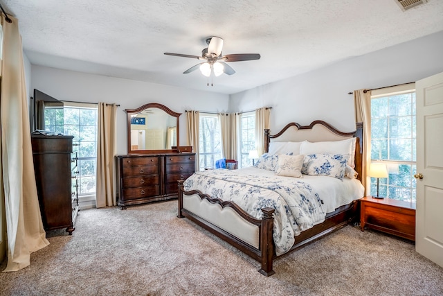 carpeted bedroom with ceiling fan, a textured ceiling, and multiple windows