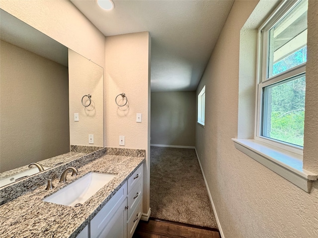 bathroom with vanity and hardwood / wood-style flooring