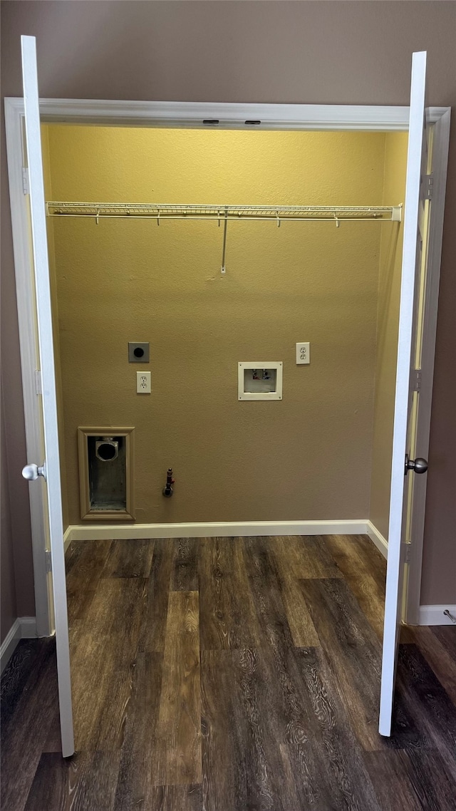 washroom with hookup for a washing machine, gas dryer hookup, dark hardwood / wood-style flooring, and hookup for an electric dryer