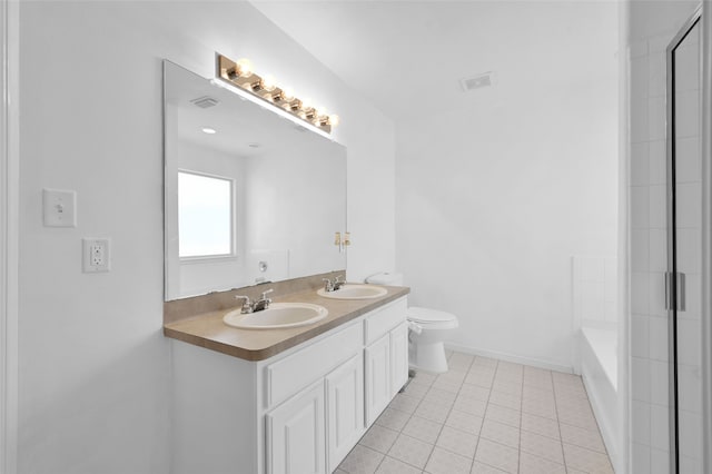 full bathroom with tile patterned flooring, plus walk in shower, vanity, and toilet