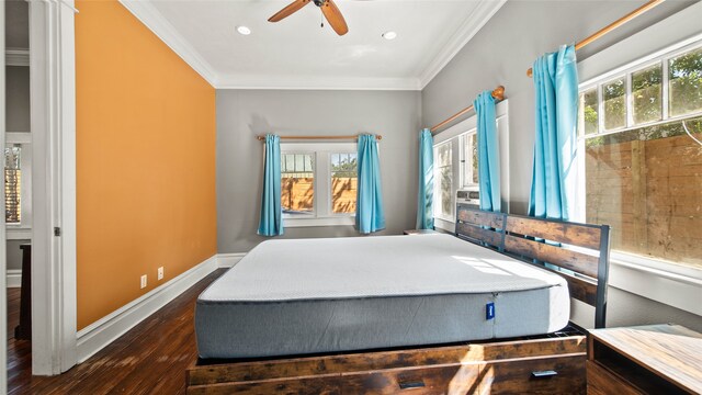 bedroom featuring ceiling fan, crown molding, dark wood-type flooring, and multiple windows