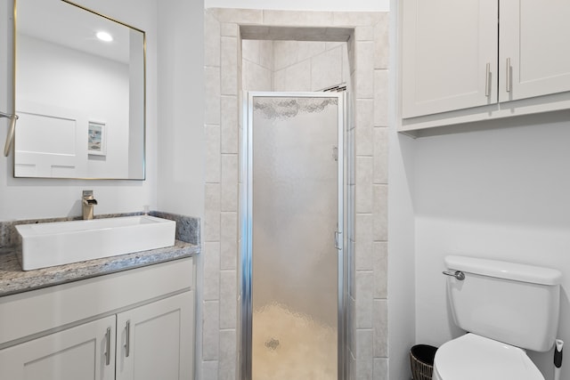 bathroom with vanity, a shower with door, and toilet