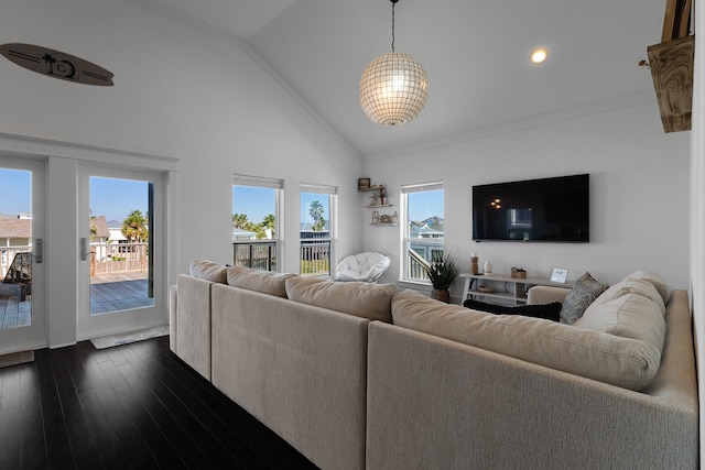 living room featuring ornamental molding, dark wood-type flooring, and a wealth of natural light