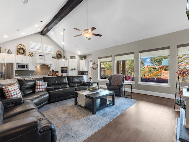 living room featuring beamed ceiling, dark hardwood / wood-style flooring, high vaulted ceiling, and ceiling fan