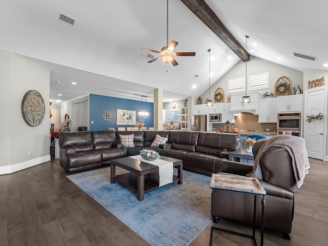 living room featuring beamed ceiling, high vaulted ceiling, ceiling fan, and dark wood-type flooring