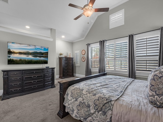 bedroom with ceiling fan, crown molding, light carpet, and lofted ceiling