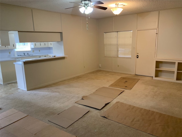 interior space featuring ceiling fan, light colored carpet, and a textured ceiling