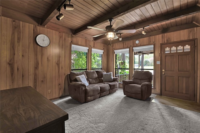 carpeted living room with wood walls, wooden ceiling, track lighting, beamed ceiling, and ceiling fan